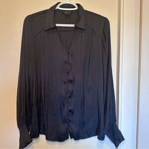 Rachel Zoe Black Satin Collared, V-Neck Blouse, Classic, Holiday